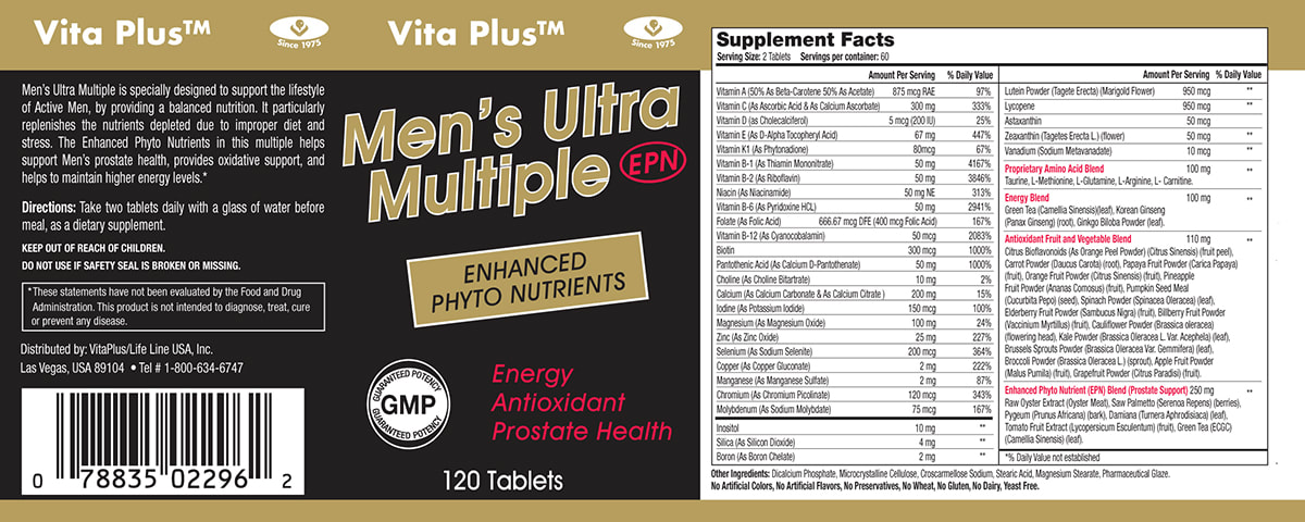 Men's Ultra Multiple supplement facts label