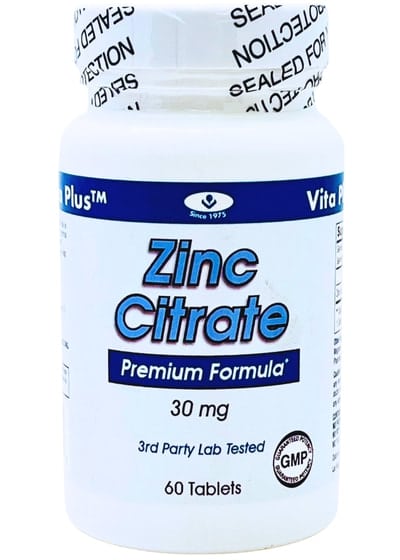 Zinc citrate supplement bottle, 30 mg tablets