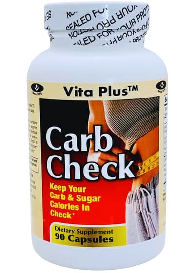 Carb Check dietary supplement bottle with measuring tape