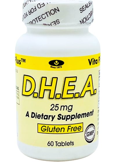 DHEA 25mg gluten-free supplement bottle