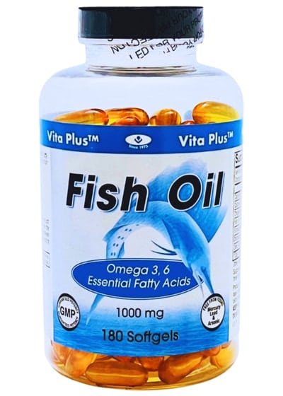 Clear bottle of fish oil softgel capsules