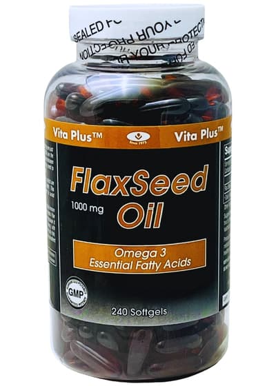 Bottle of Vita Plus flaxseed oil softgels