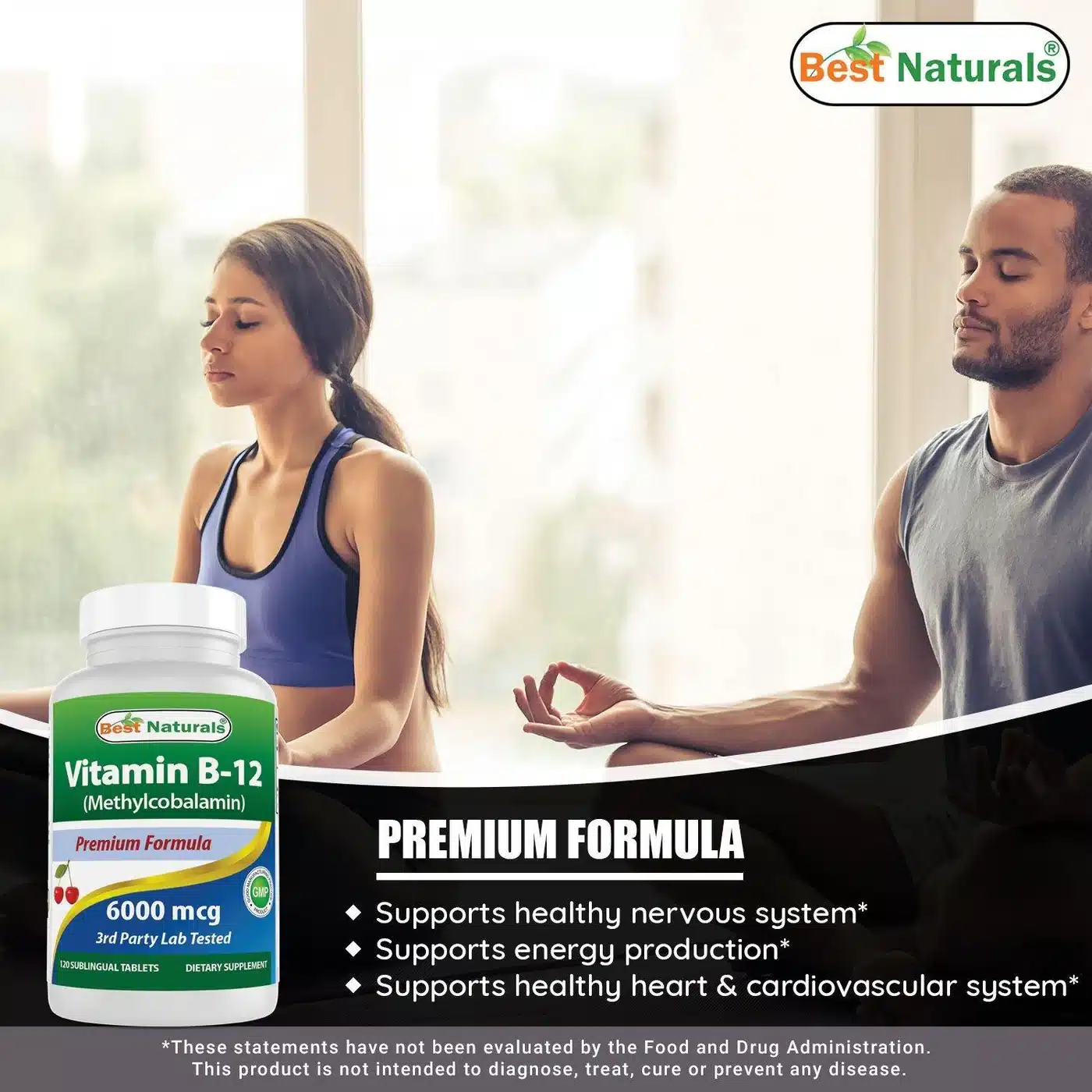 Meditating couple with Vitamin B-12 bottle