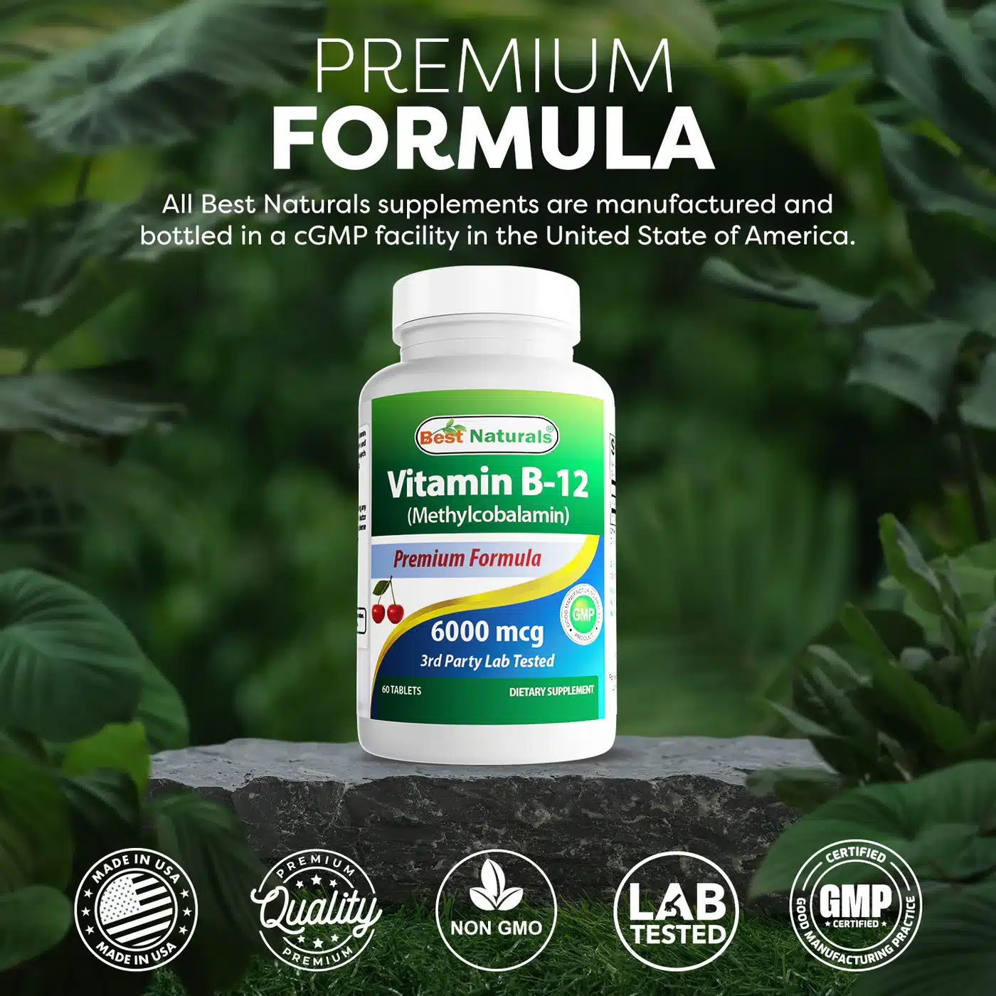 Premium Vitamin B-12 supplement bottle on leaves