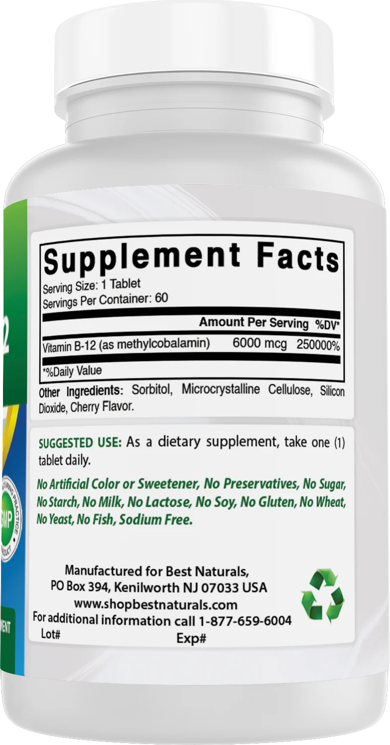 White bottle with vitamin B-12 supplement facts