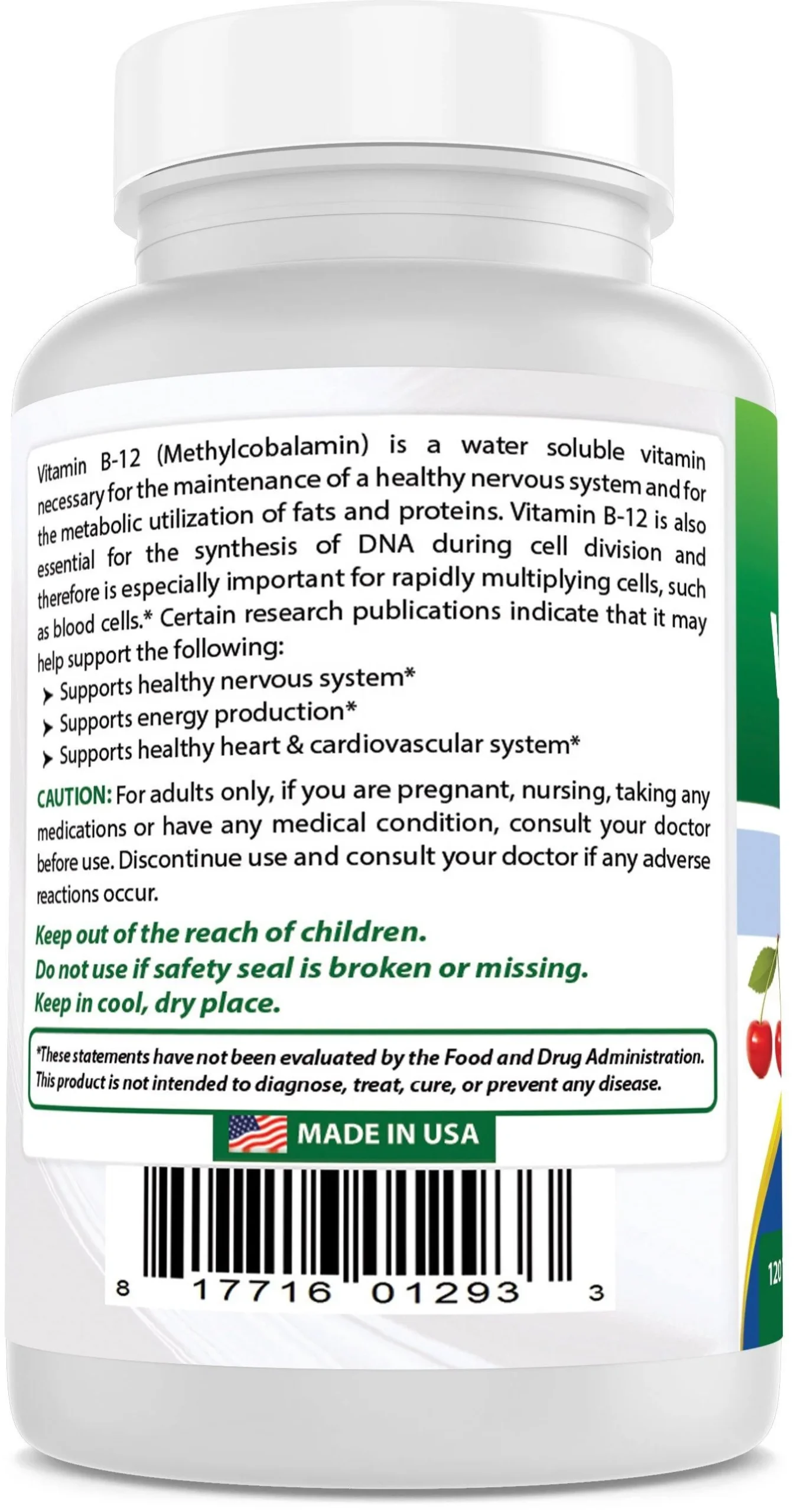 White vitamin B12 supplement bottle label