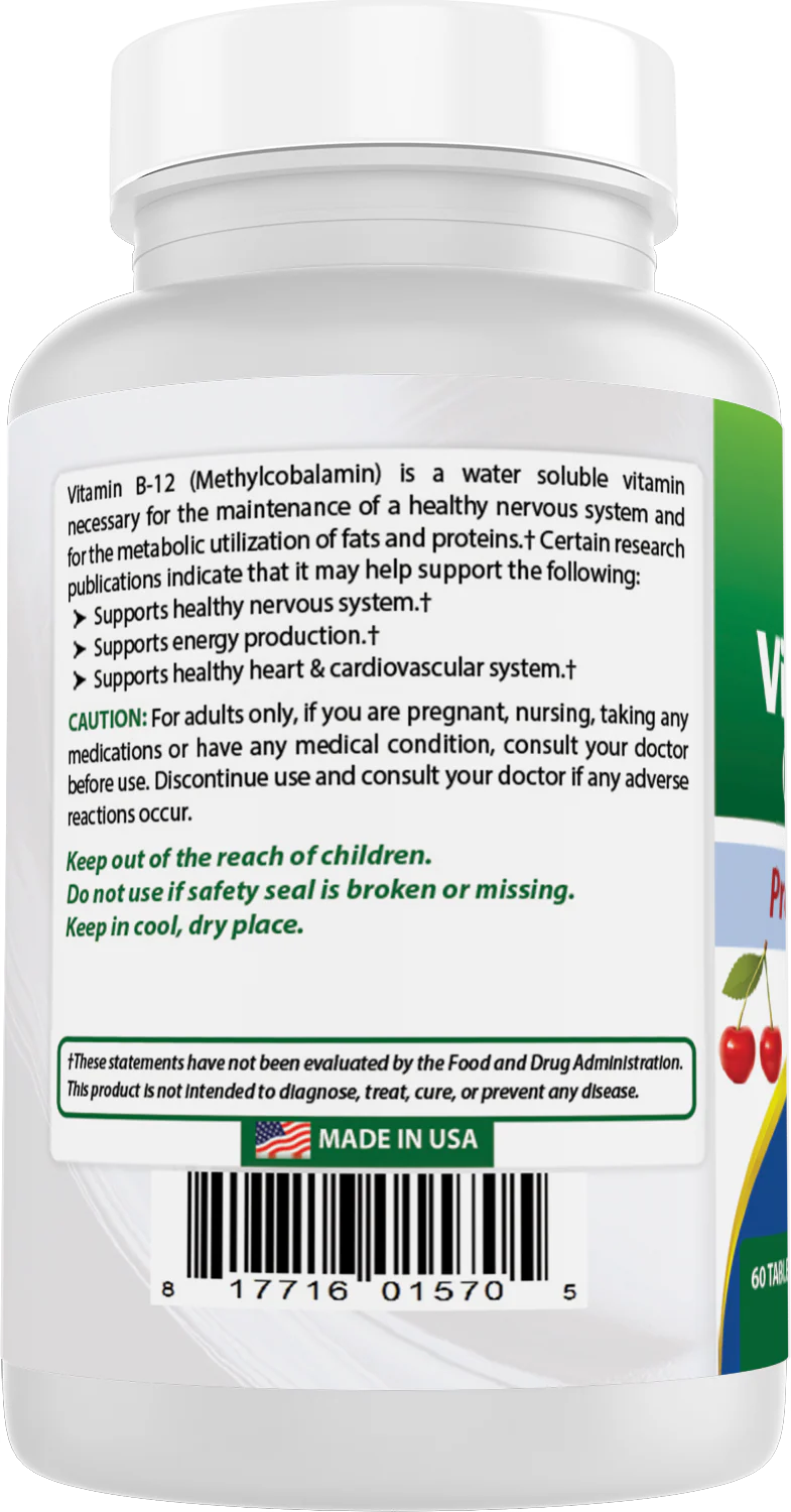 White bottle showing Vitamin B12 supplement label
