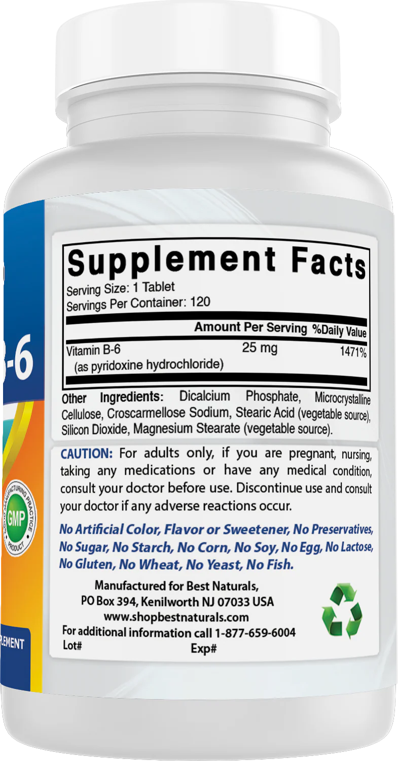 Vitamin B6 bottle with supplement facts label