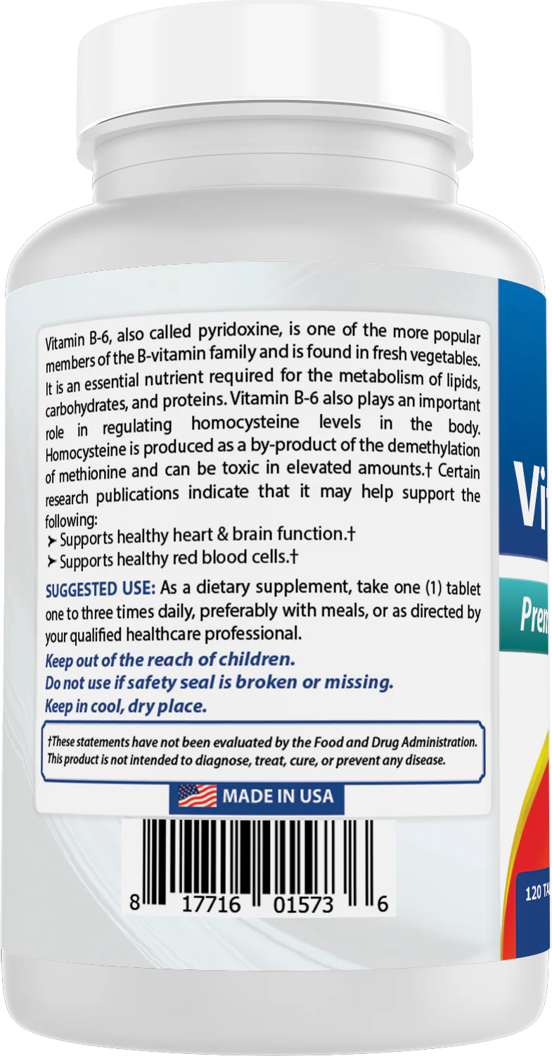 Back of white vitamin B6 supplement bottle
