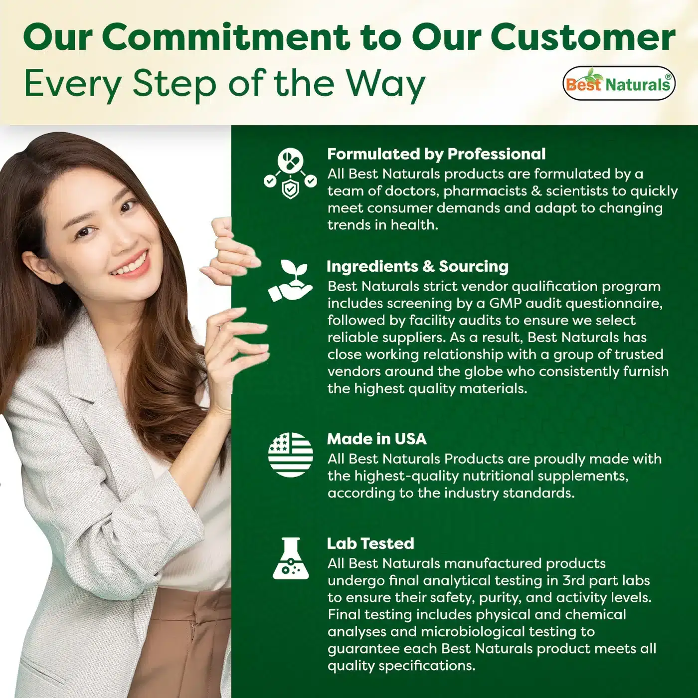Smiling woman beside Best Naturals commitment poster