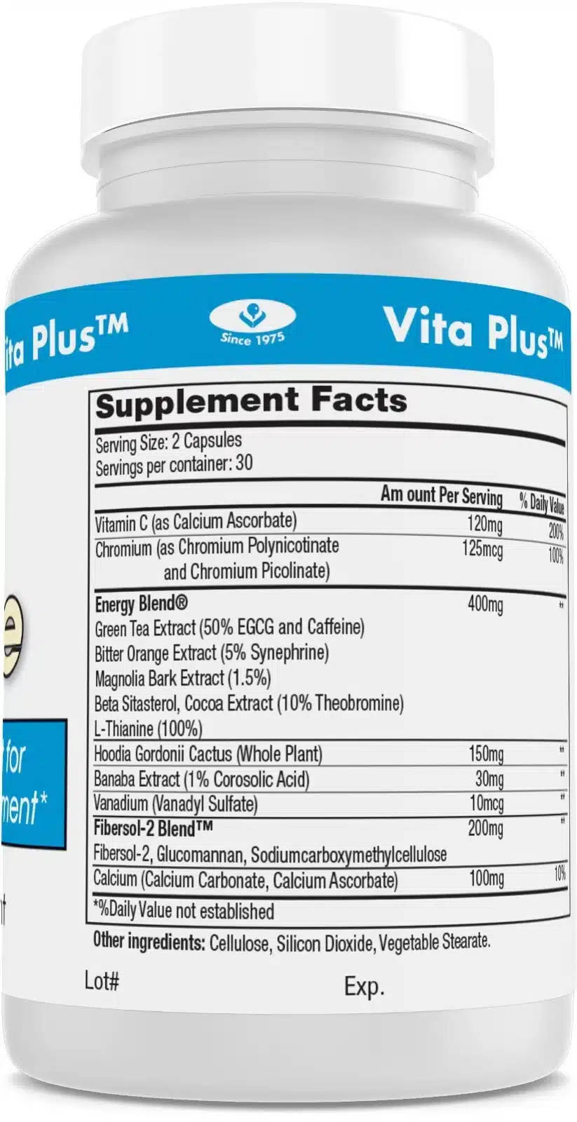 Blue and white Vita Plus supplement bottle