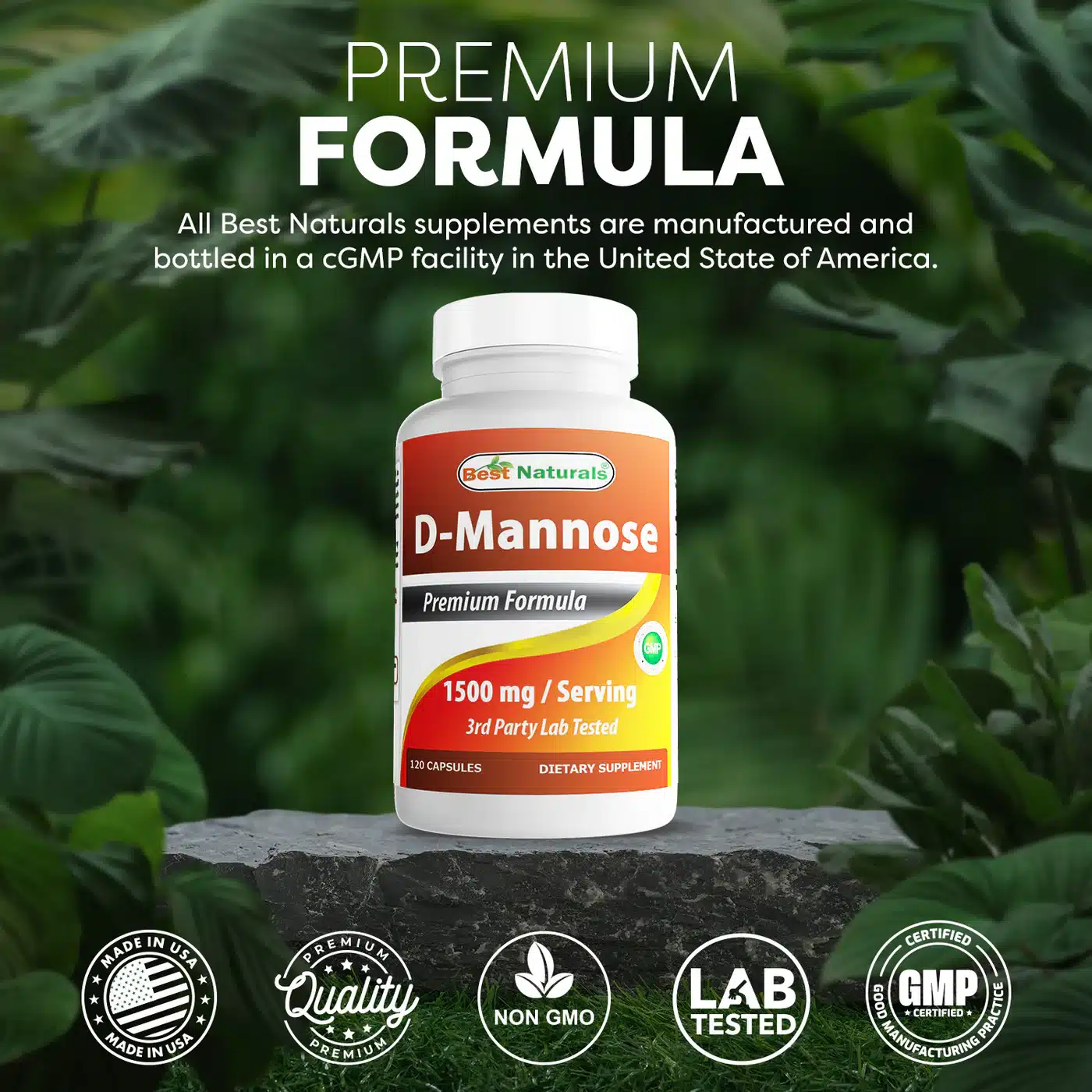 D-Mannose supplement bottle with green foliage