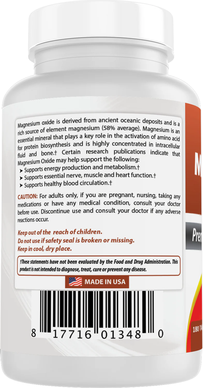 Magnesium oxide supplement bottle back label